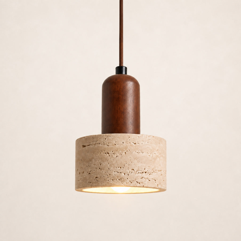 Suspension effet travertin forme galet, monture bois foncé