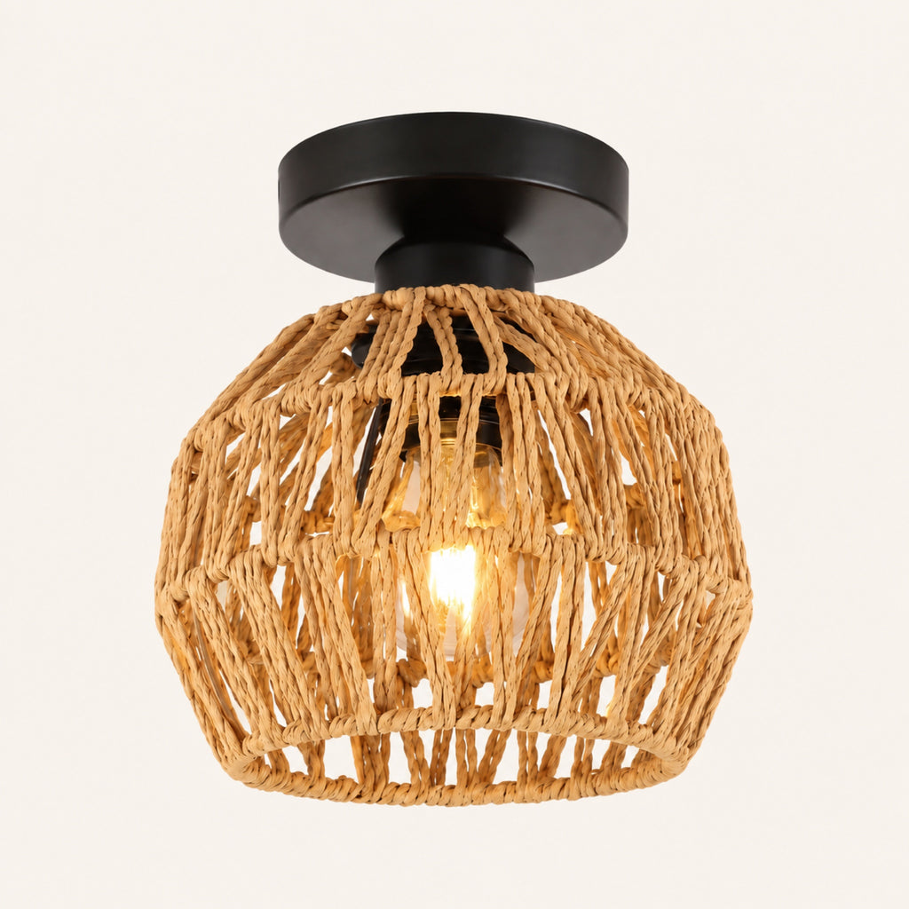 Plafonnier corde tressée, modèle A à monture noire et corde beige clair
