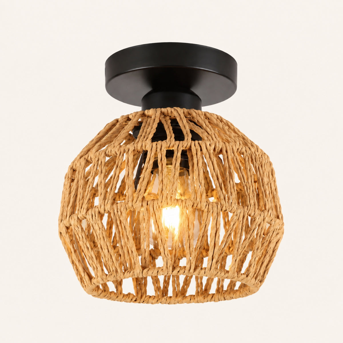 Plafonnier corde tressée, modèle A à monture noire et corde beige clair