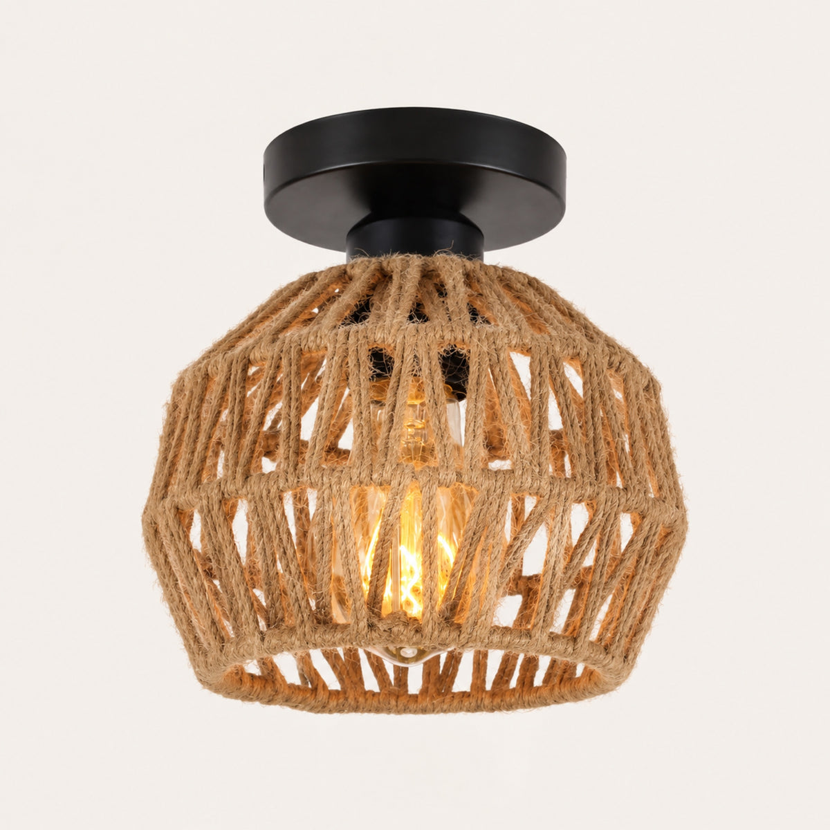 Plafonnier corde tressée, modèle C à monture noire et corde de jute brune
