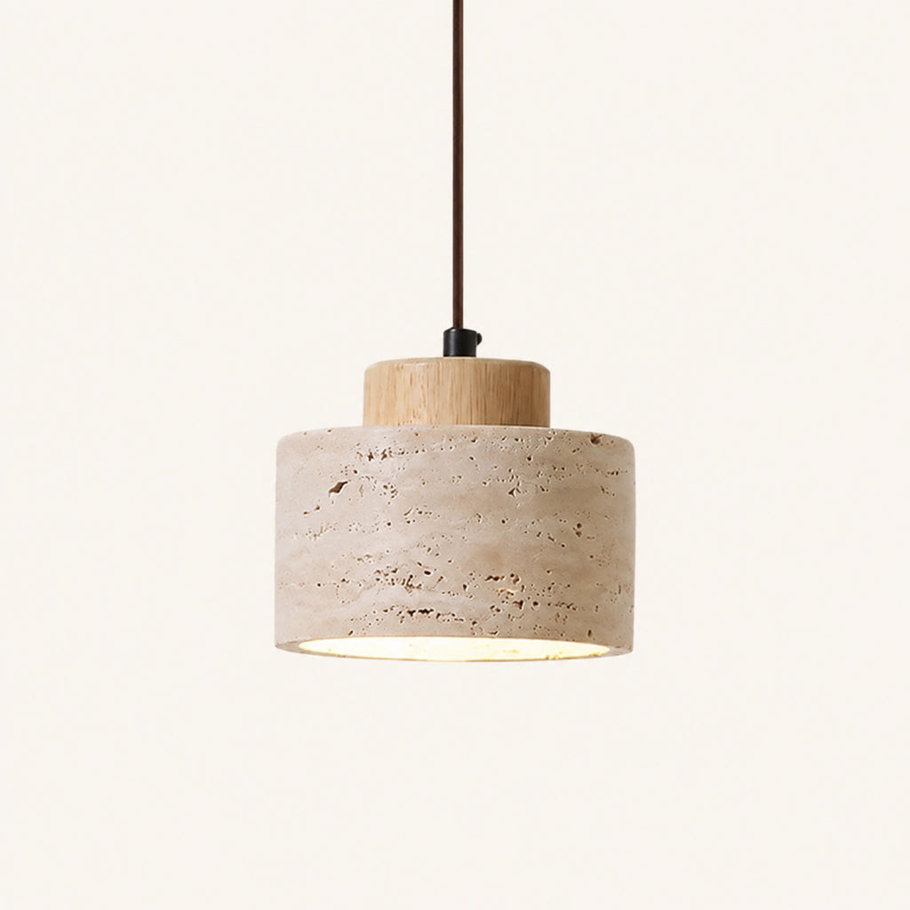 Suspension cylindre effet travertin à tête bois clair, Ø 12 × H 10 cm