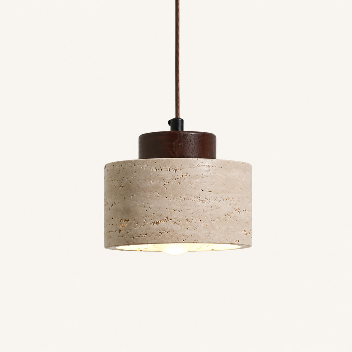 Suspension cylindre effet travertin à tête bois foncé, Ø 12 × H 10 cm