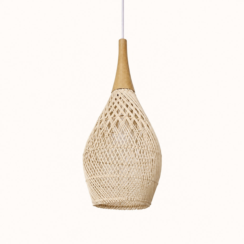 Suspension rotin naturel en goutte, 25 × 50 cm, monture bois