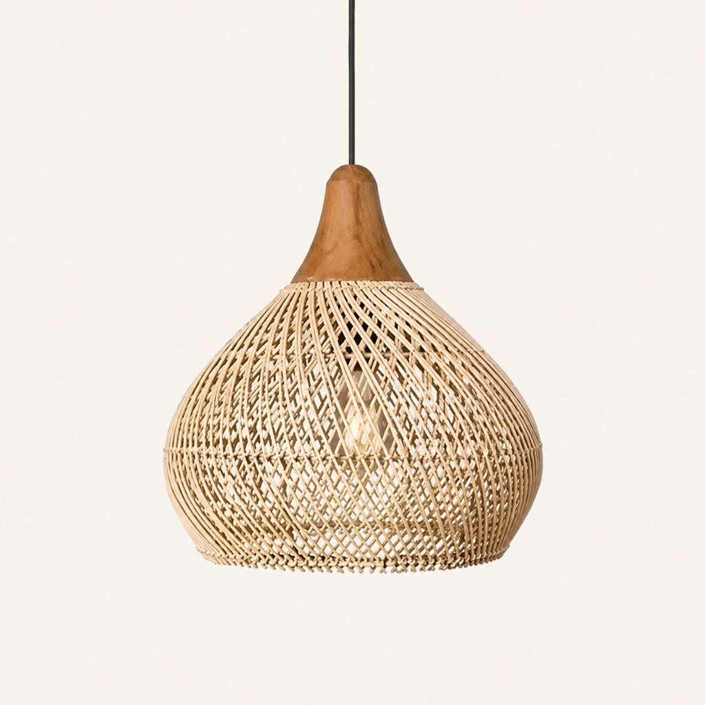 Suspension rotin naturel en bulbe, 40 × 40 cm, monture bois