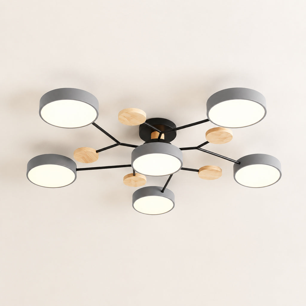 Plafonnier LED gris à 6 palets, cinq en périphérie et un central, 89 cm de large