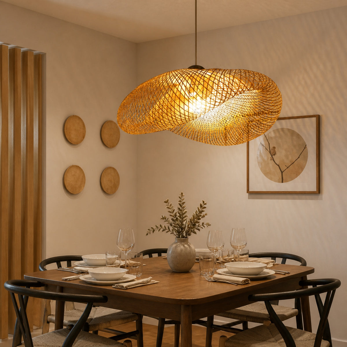 Suspension bambou tressée allumée au-dessus d'une table à manger Image