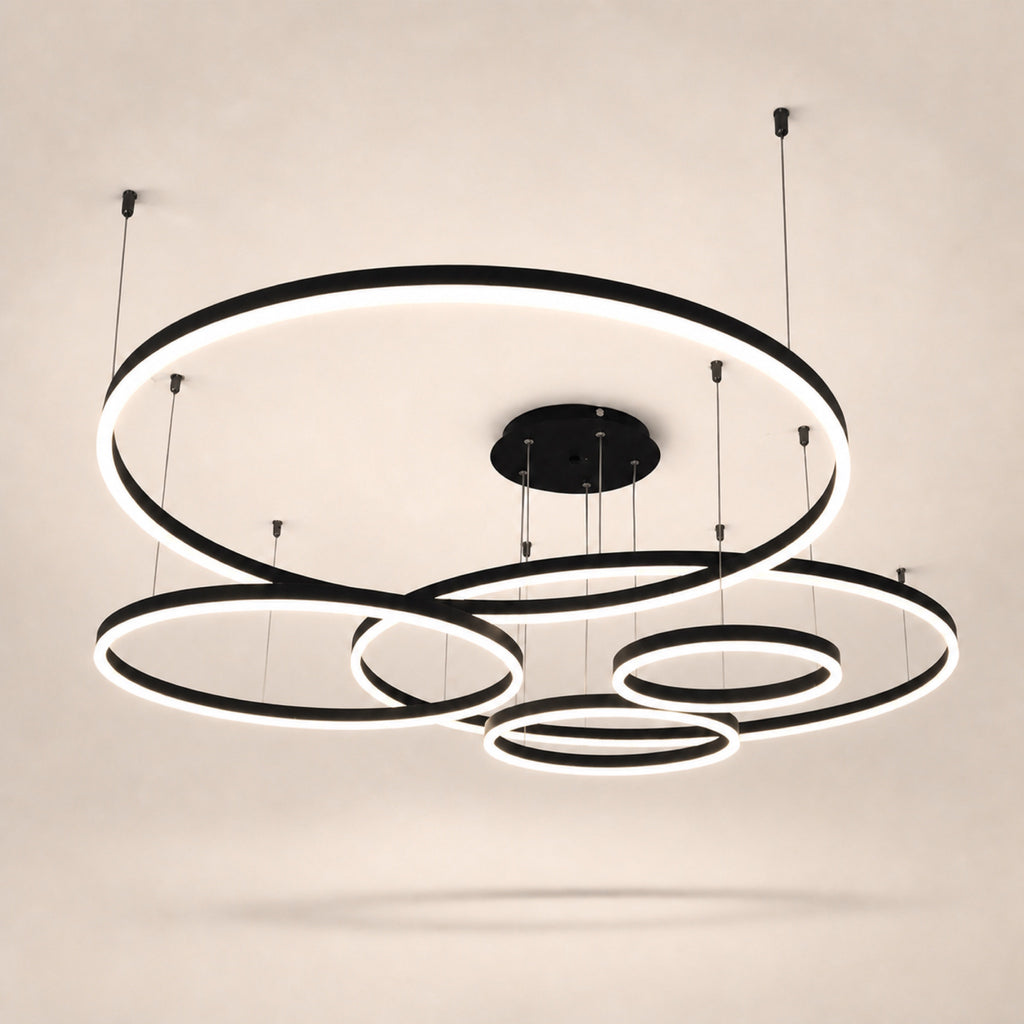 Lustre 6 anneaux LED superposés, noir