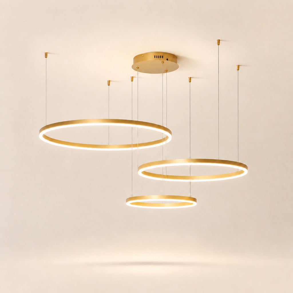 Lustre anneaux LED en cascade, doré