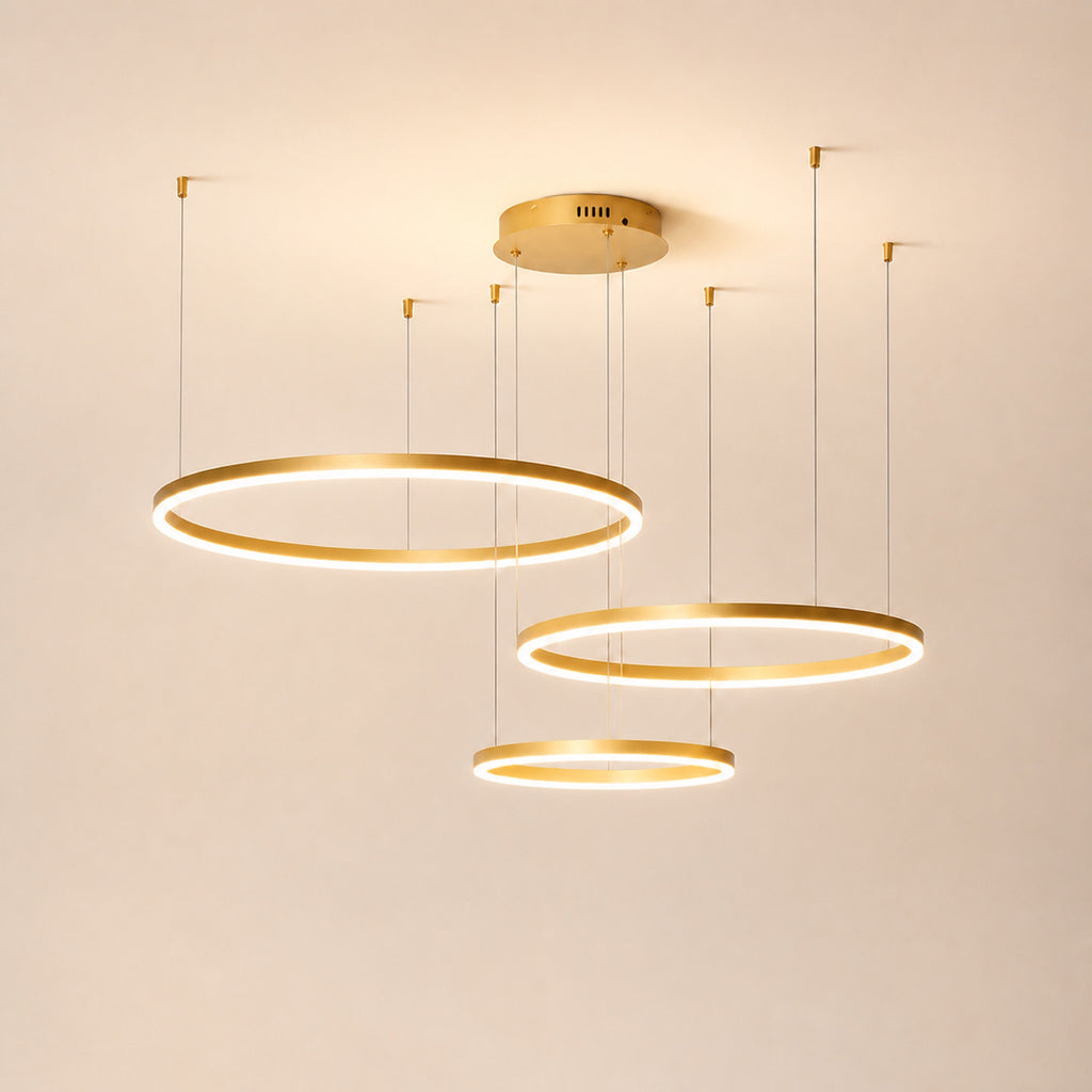 Lustre anneaux LED en cascade, autre cadrage
