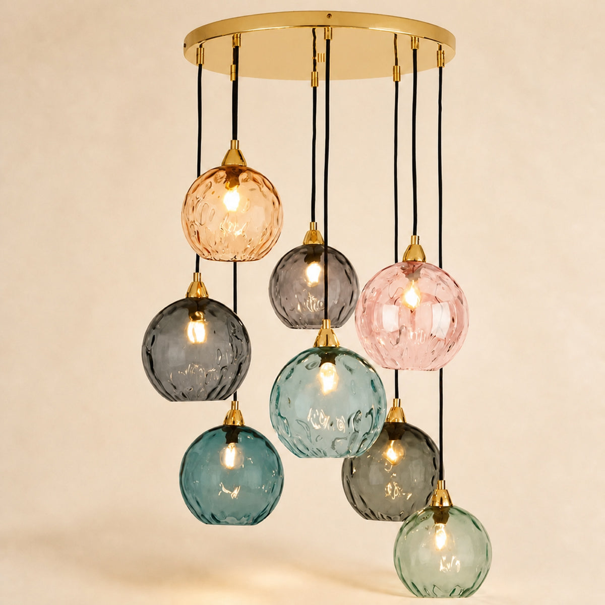 Lustre grappe de globes en verre coloré, doré
