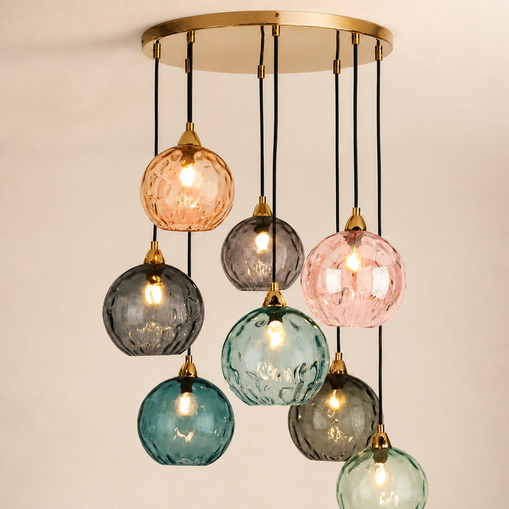 Lustre grappe de globes en verre coloré, autre vue