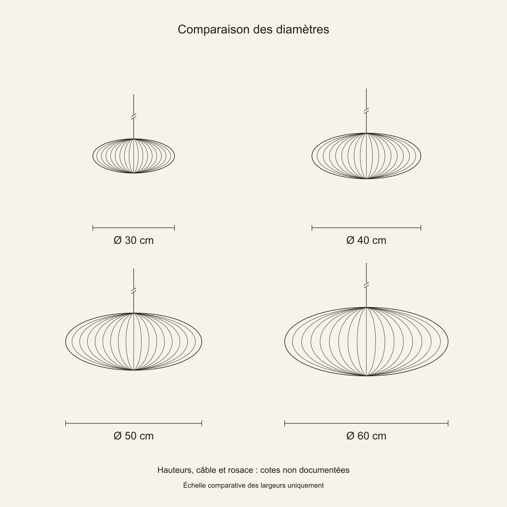 Suspension soucoupe tissu plissé — schéma coté, diamètres 30 à 60 cm
