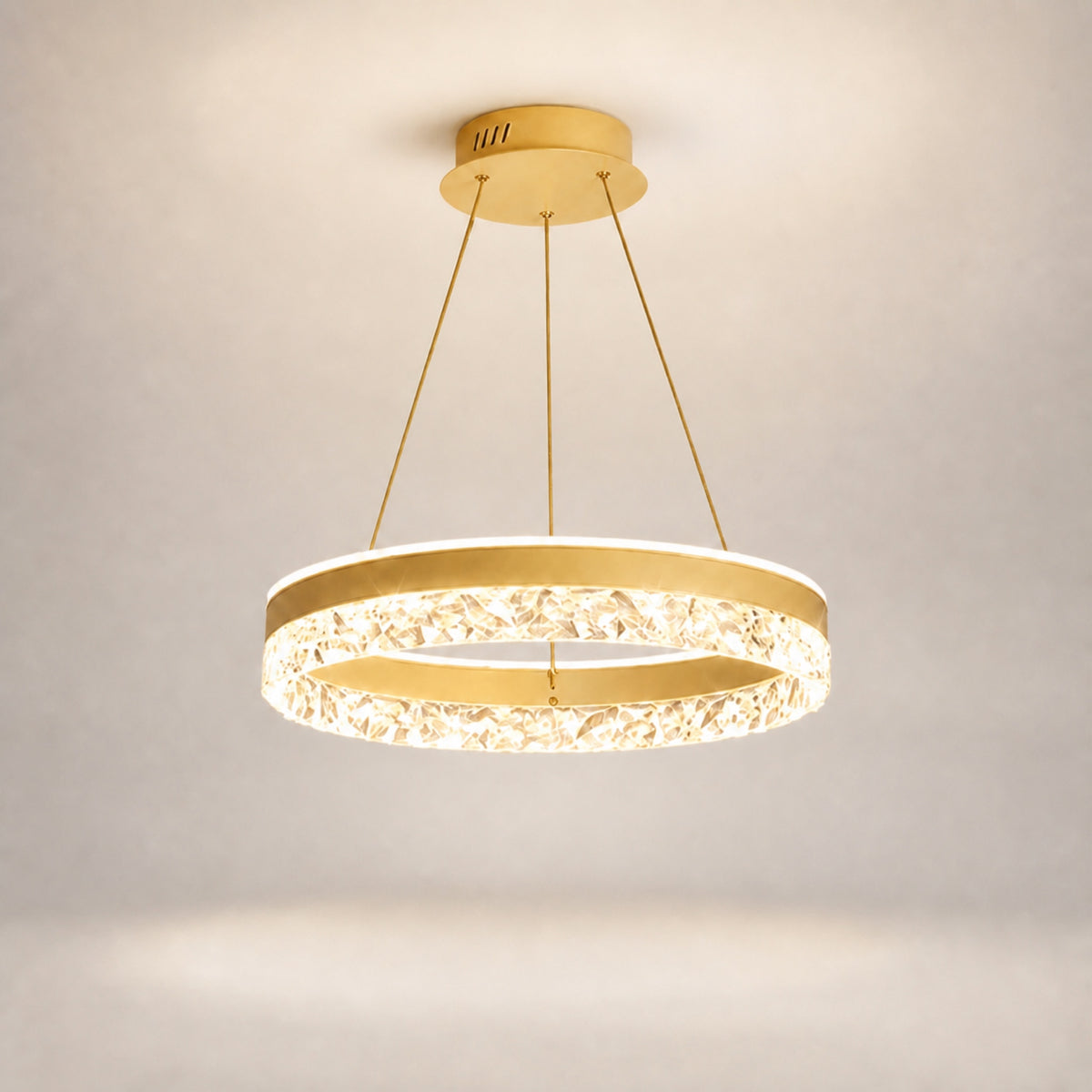 Lustre anneau LED à couronne effet cristal, doré