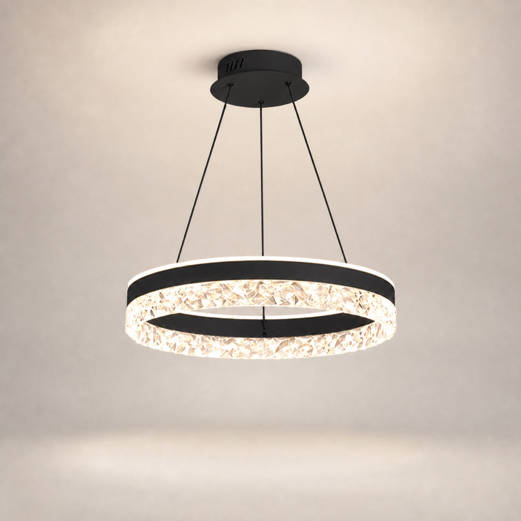 Lustre anneau LED à couronne effet cristal, noir