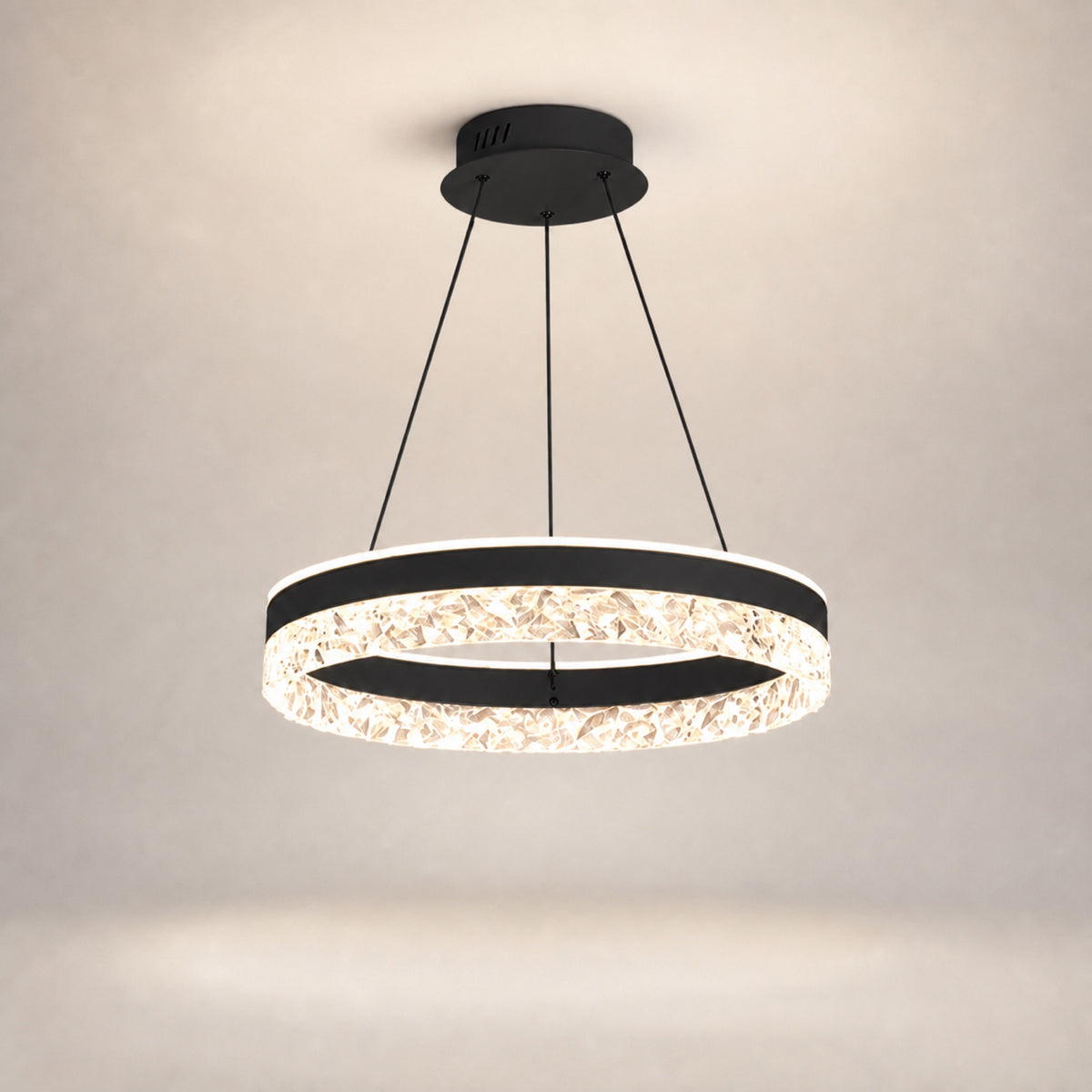 Lustre anneau LED à couronne effet cristal, noir