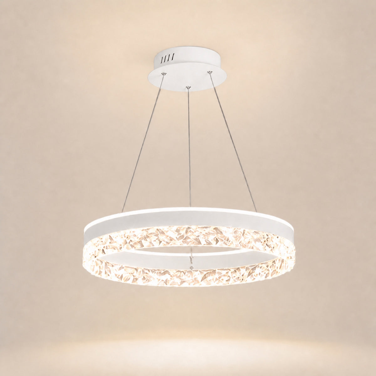 Suspension anneau LED à verre facetté, blanc