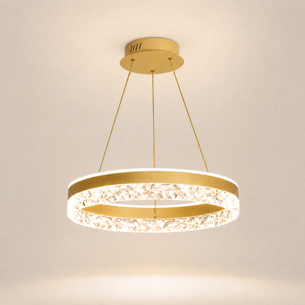 Suspension anneau LED à verre facetté, doré