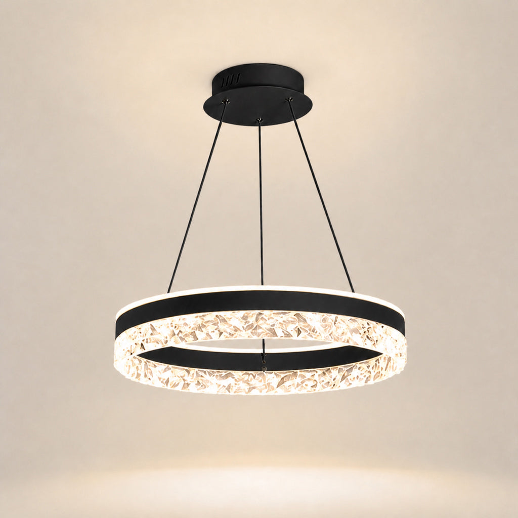 Suspension anneau LED à verre facetté, noir