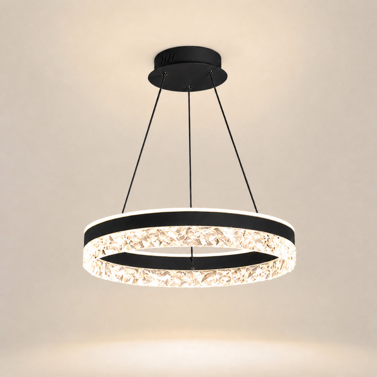 Suspension anneau LED à verre facetté, noir