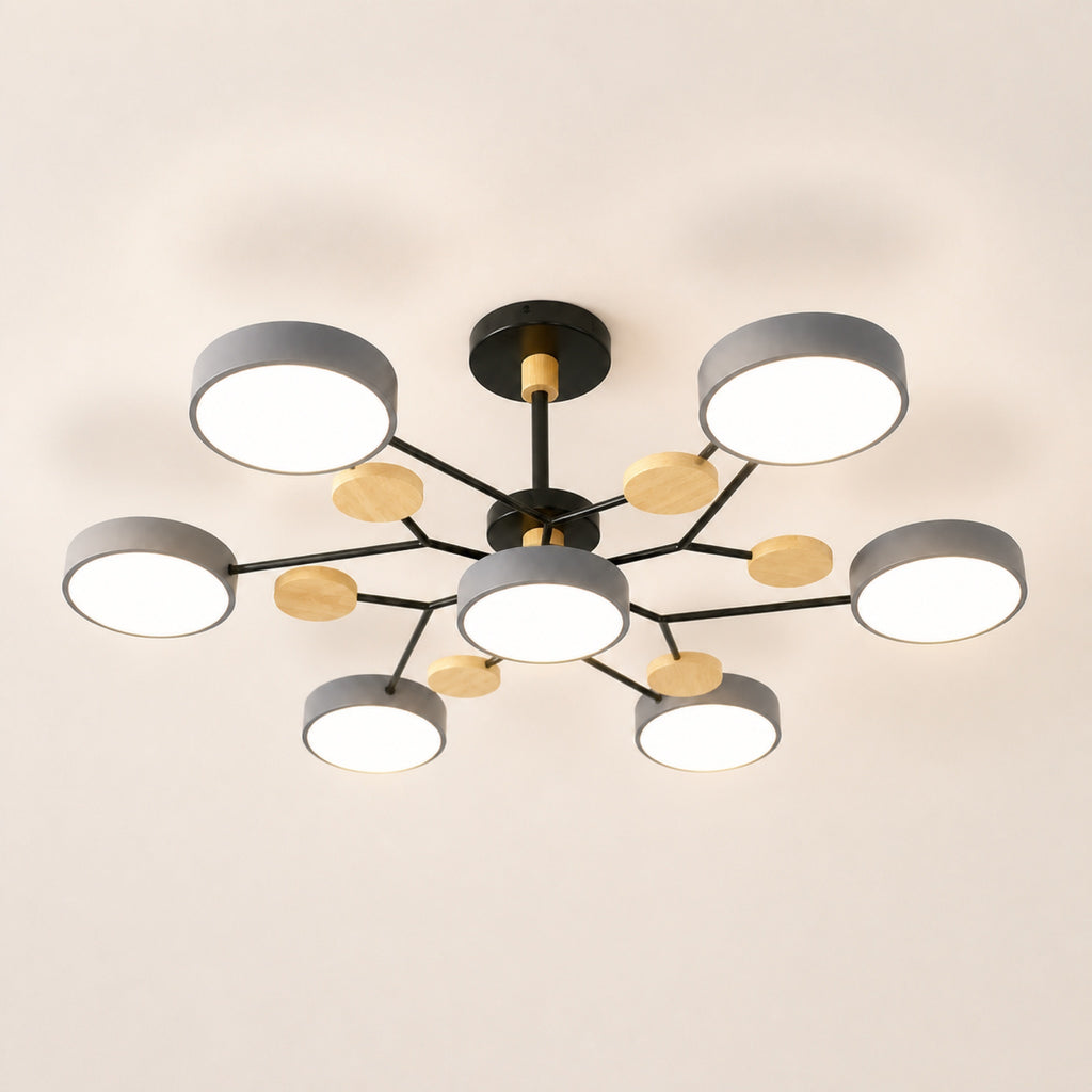 Plafonnier palets LED et bois, sur fond neutre