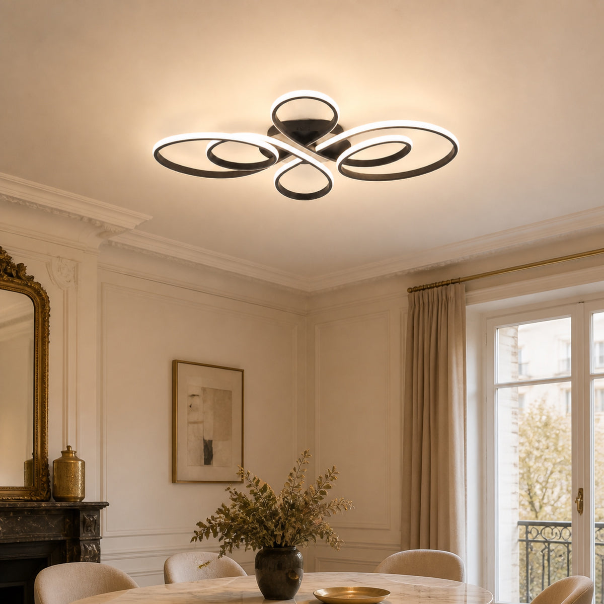 Plafonnier boucles LED entrelacées, en situation dans un intérieur