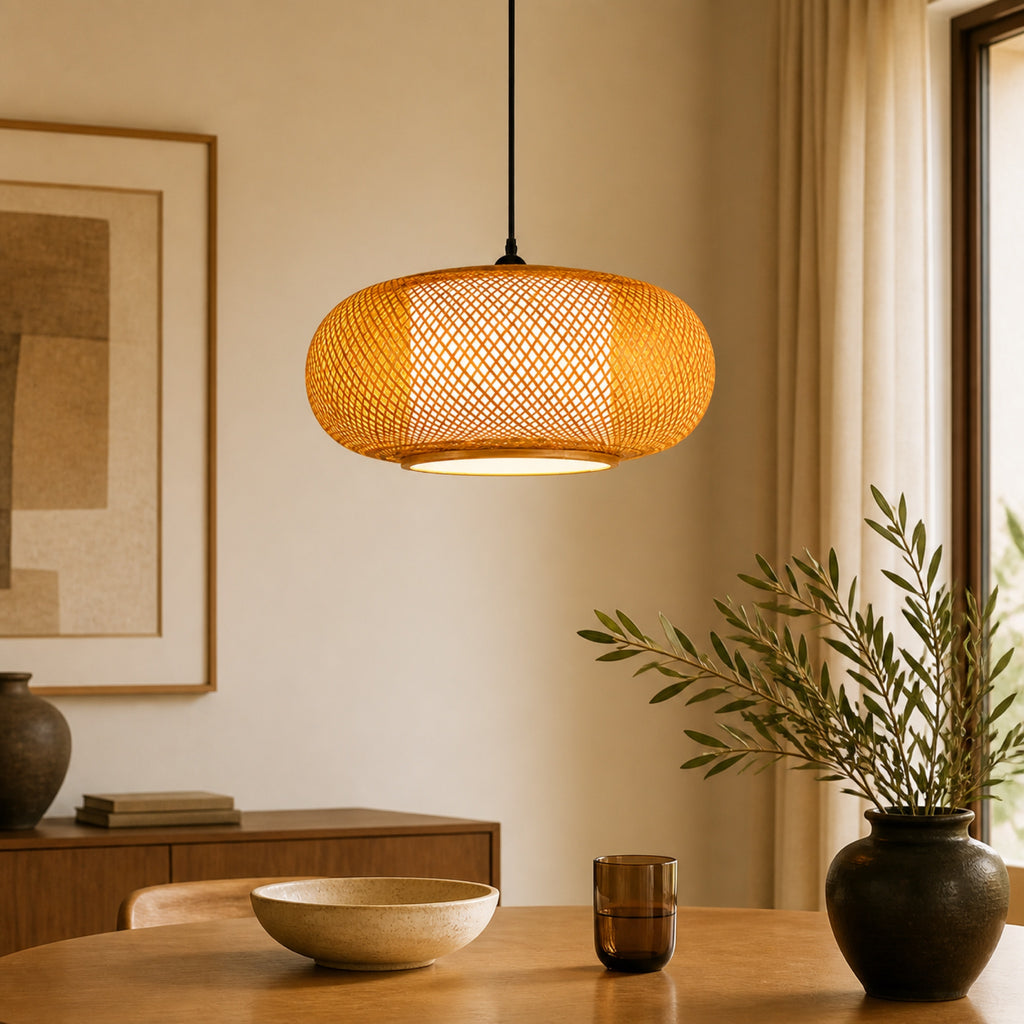 Suspension bambou tissée, en situation dans un intérieur