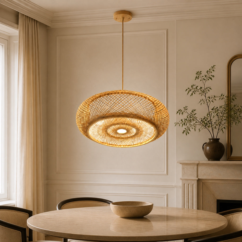Suspension bambou tissée, en situation dans un intérieur