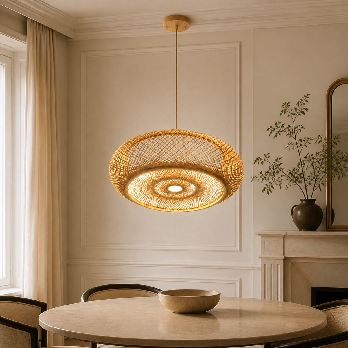 Suspension bambou tissée, en situation dans un intérieur