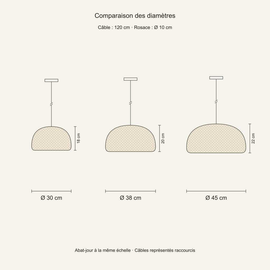 Suspension bambou dôme tressé — schéma coté, diamètres 30, 38 et 45 cm