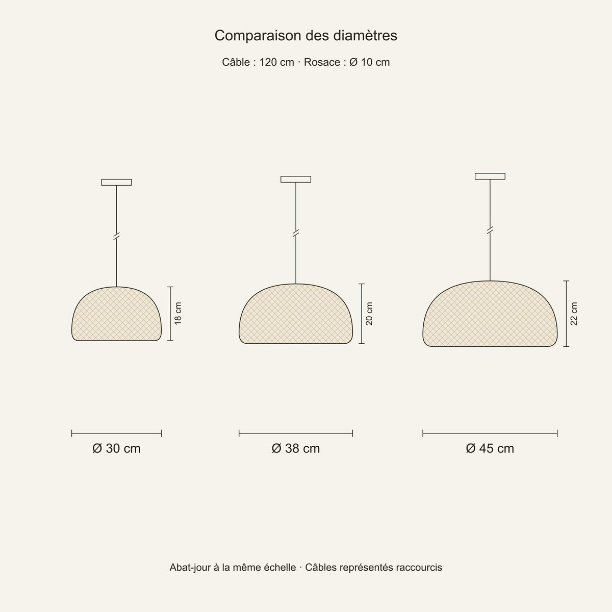 Suspension bambou dôme tressé — schéma coté, diamètres 30, 38 et 45 cm