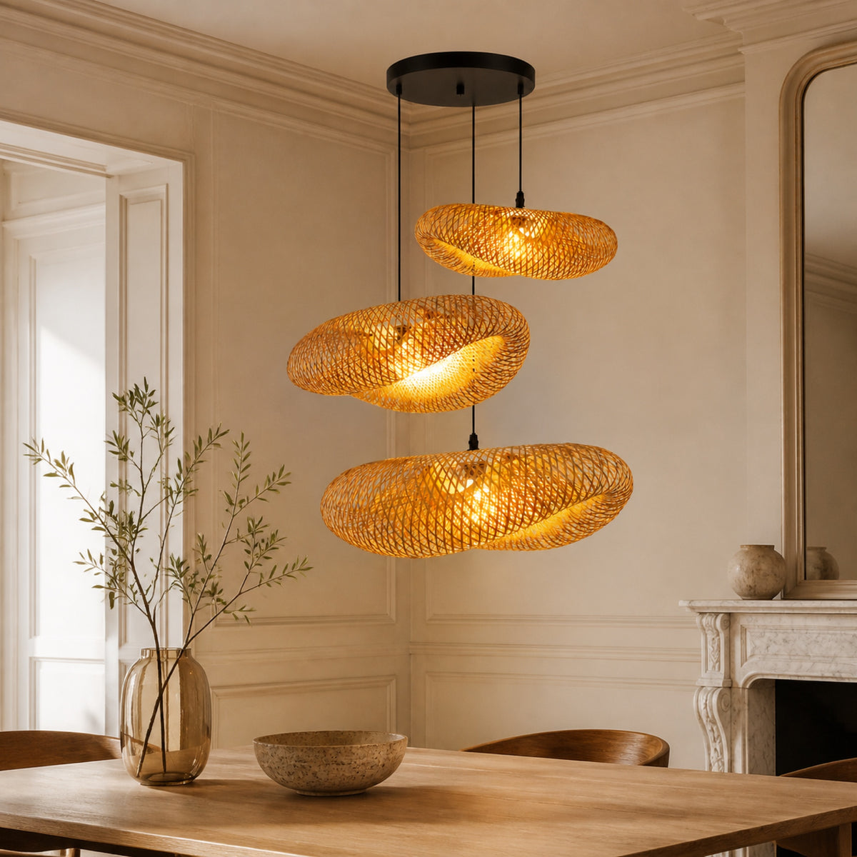 Suspension bambou tressé, en situation dans un intérieur
