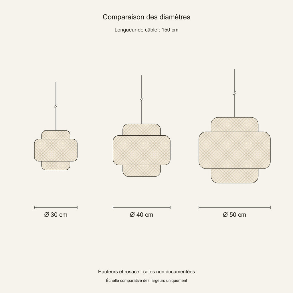 Suspension bambou double étage — schéma coté, diamètres 30, 40 et 50 cm