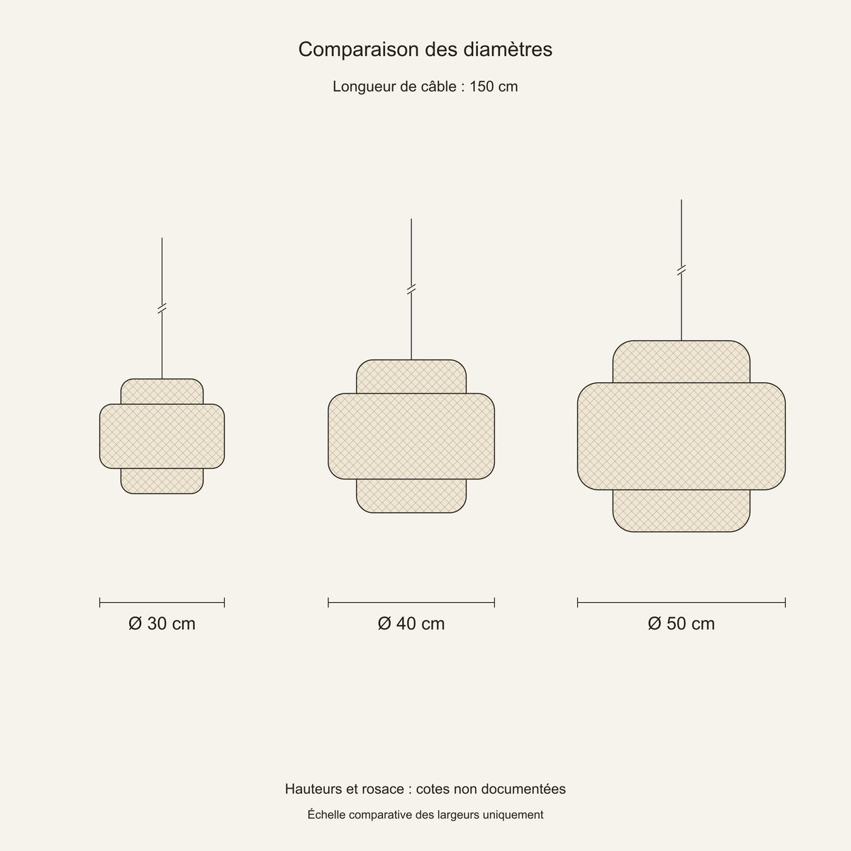 Suspension bambou double étage — schéma coté, diamètres 30, 40 et 50 cm