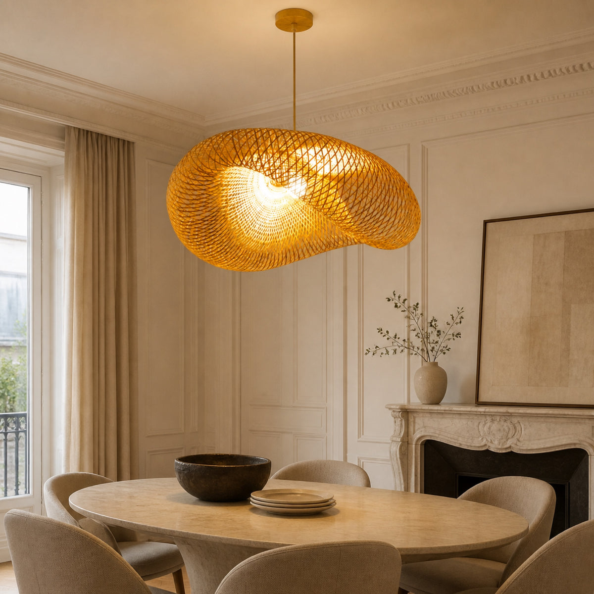 Suspension bambou tressé, en situation dans un intérieur