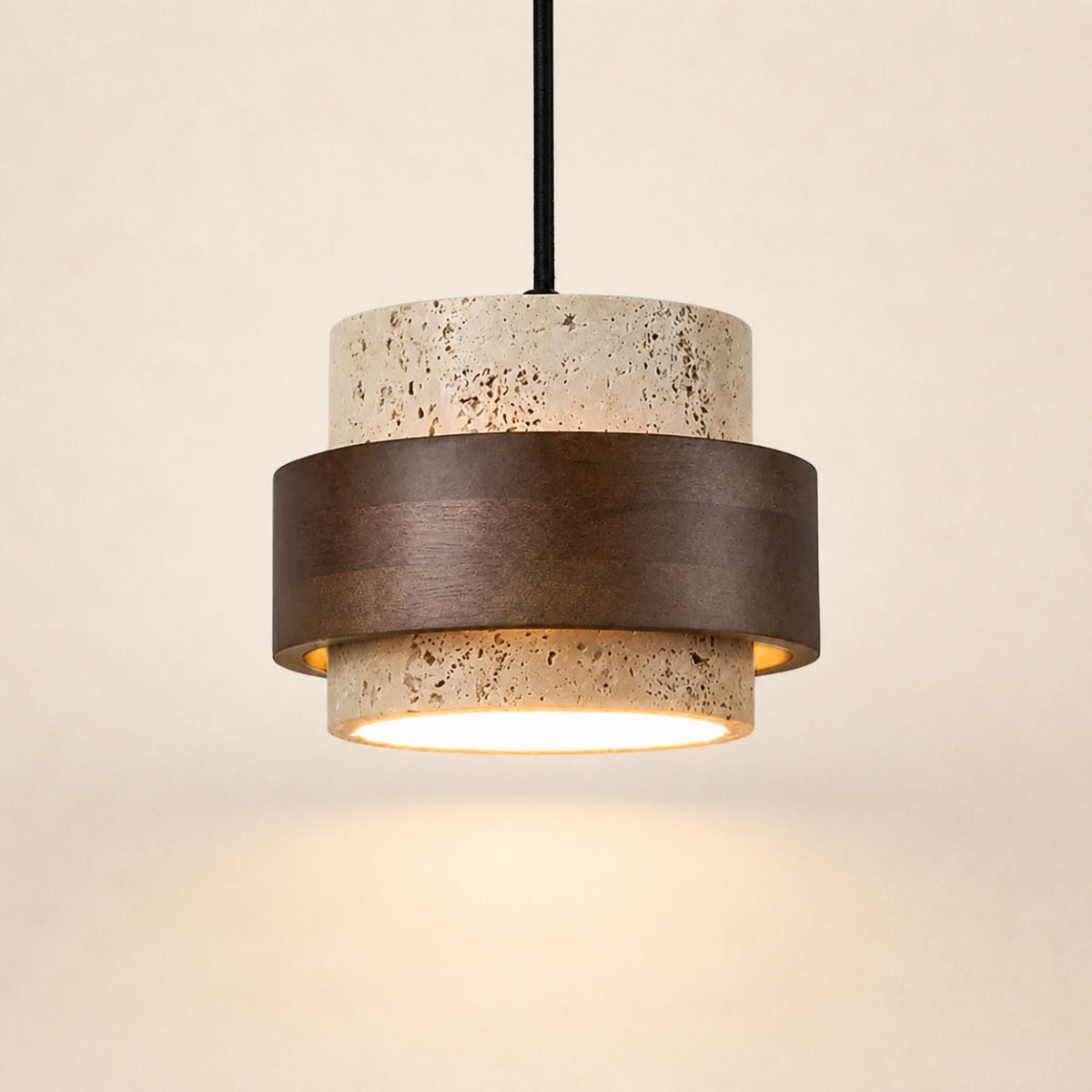 Suspension cylindre travertin et bois foncé