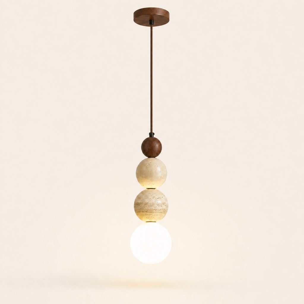 Suspension perles de pierre et bois, noyer