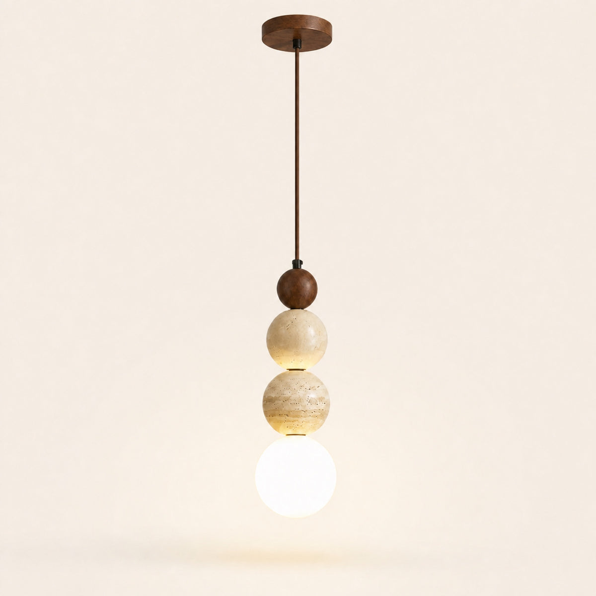 Suspension perles de pierre et bois, noyer