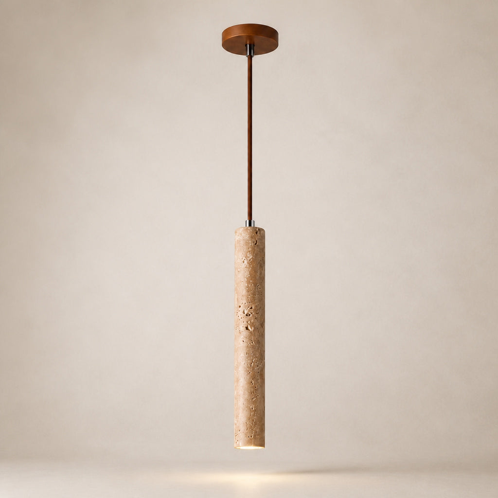 Suspension tube vertical effet travertin, sur fond neutre