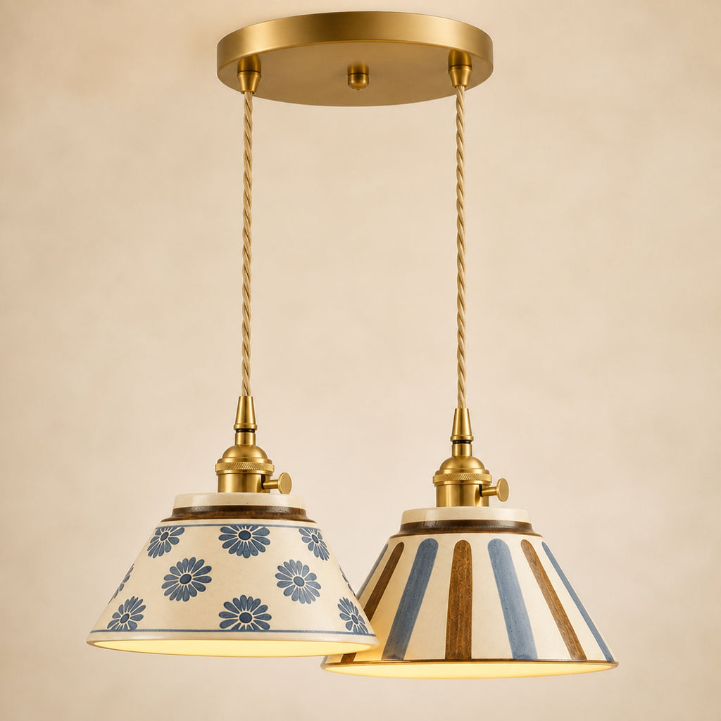 Suspension double en céramique à motifs bleus, autre vue
