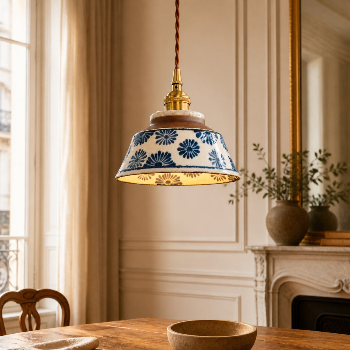 Suspension céramique à fleurs bleues, en situation dans un intérieur