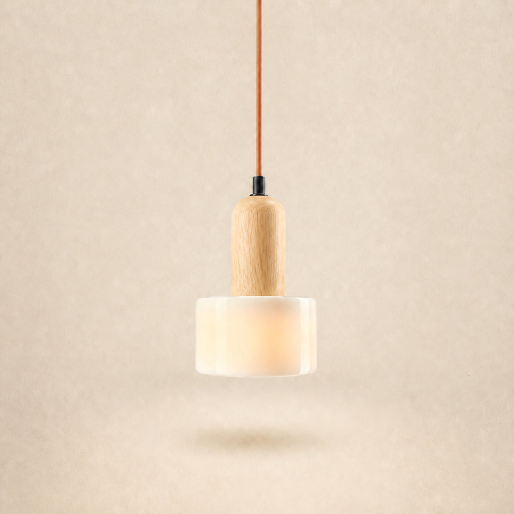 Suspension cylindre effet pierre claire, tête en bois clair
