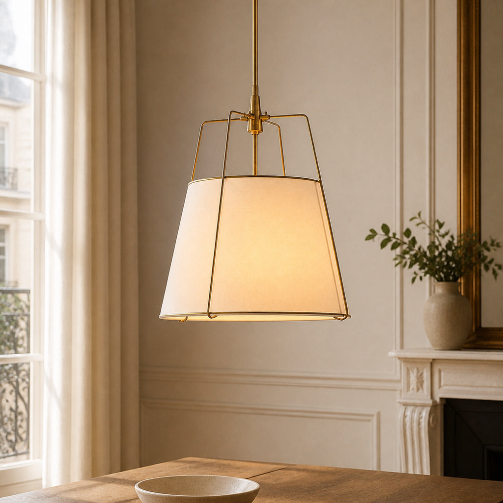 Suspension abat-jour tissu sur armature laiton, autre cadrage
