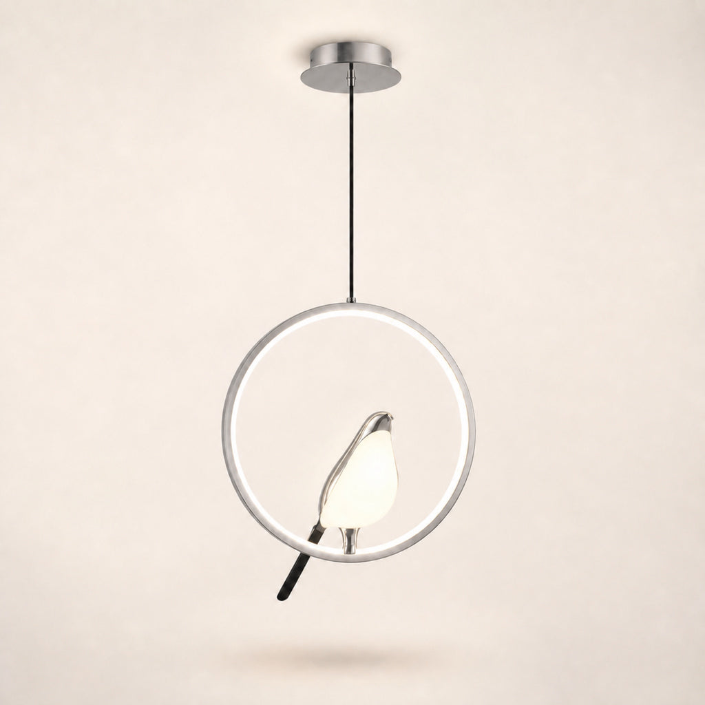 Suspension anneau LED et oiseau doré, argenté