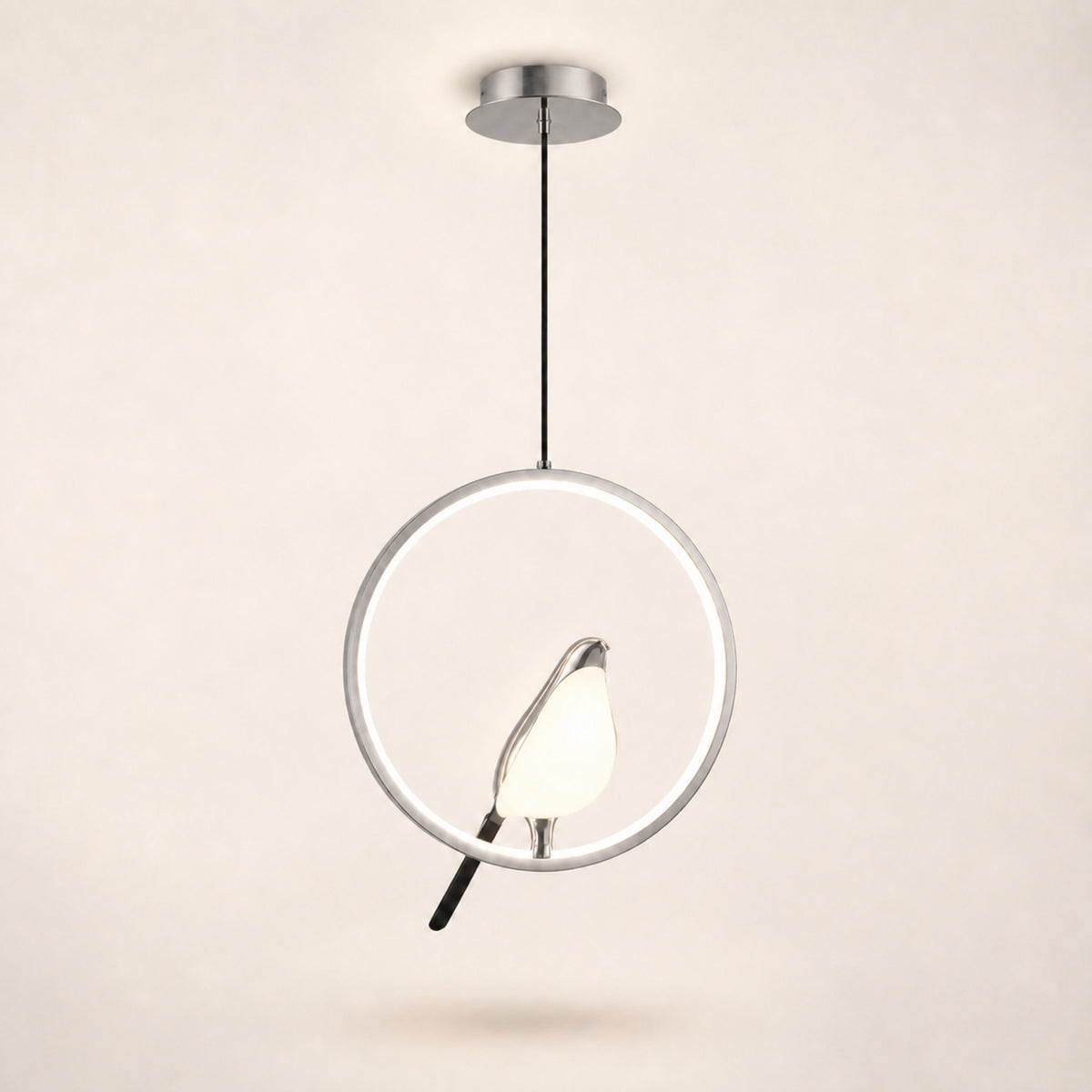 Suspension anneau LED et oiseau doré, argenté