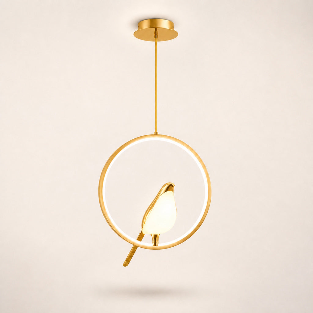 Suspension anneau LED et oiseau doré, doré