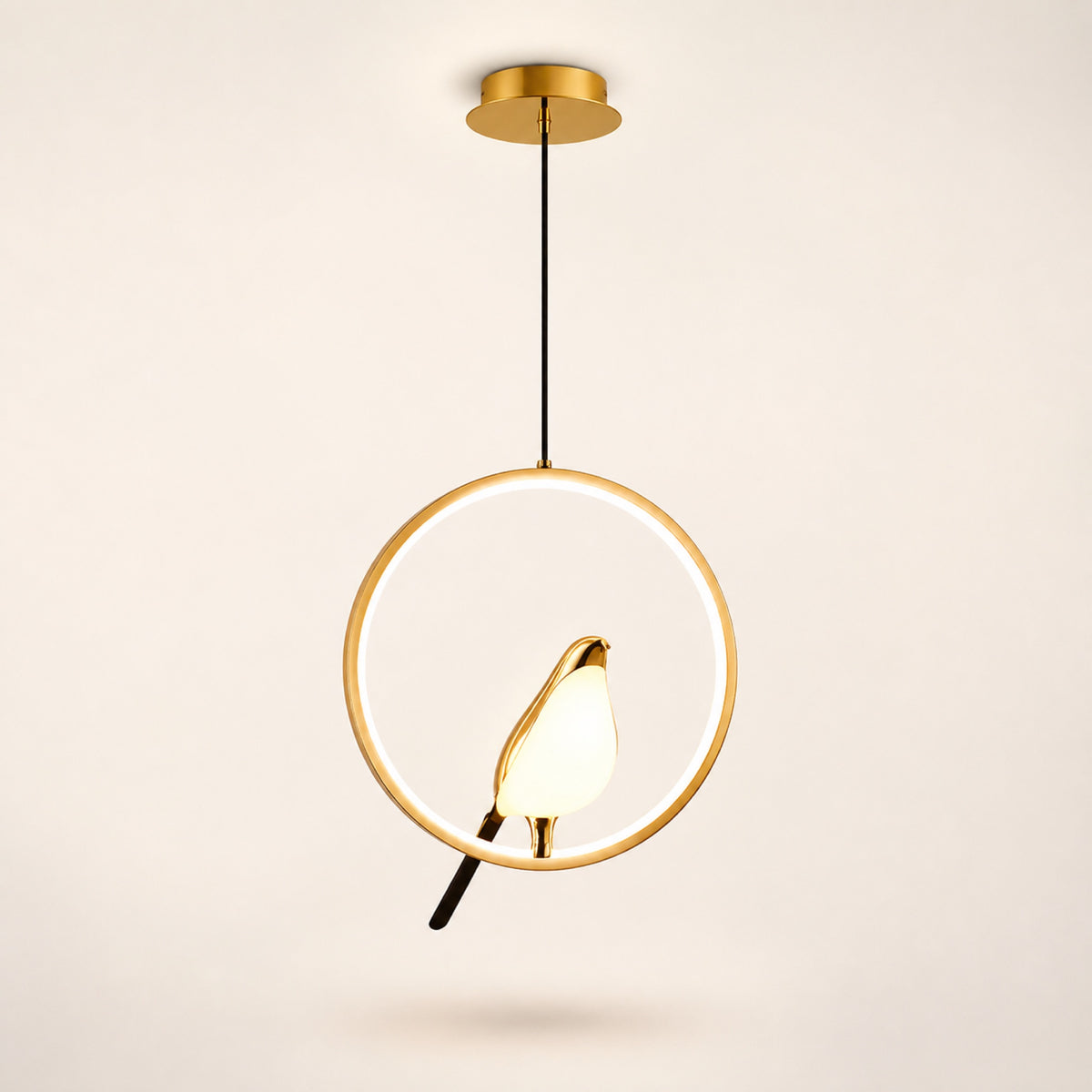 Suspension anneau LED et oiseau doré
