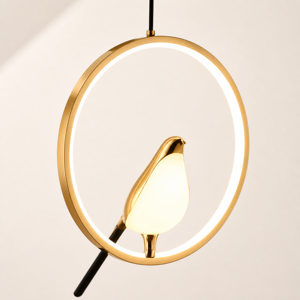 Suspension anneau LED et oiseau doré, autre vue