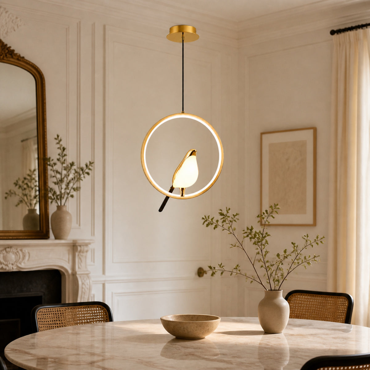Suspension anneau LED et oiseau doré, en situation dans un intérieur