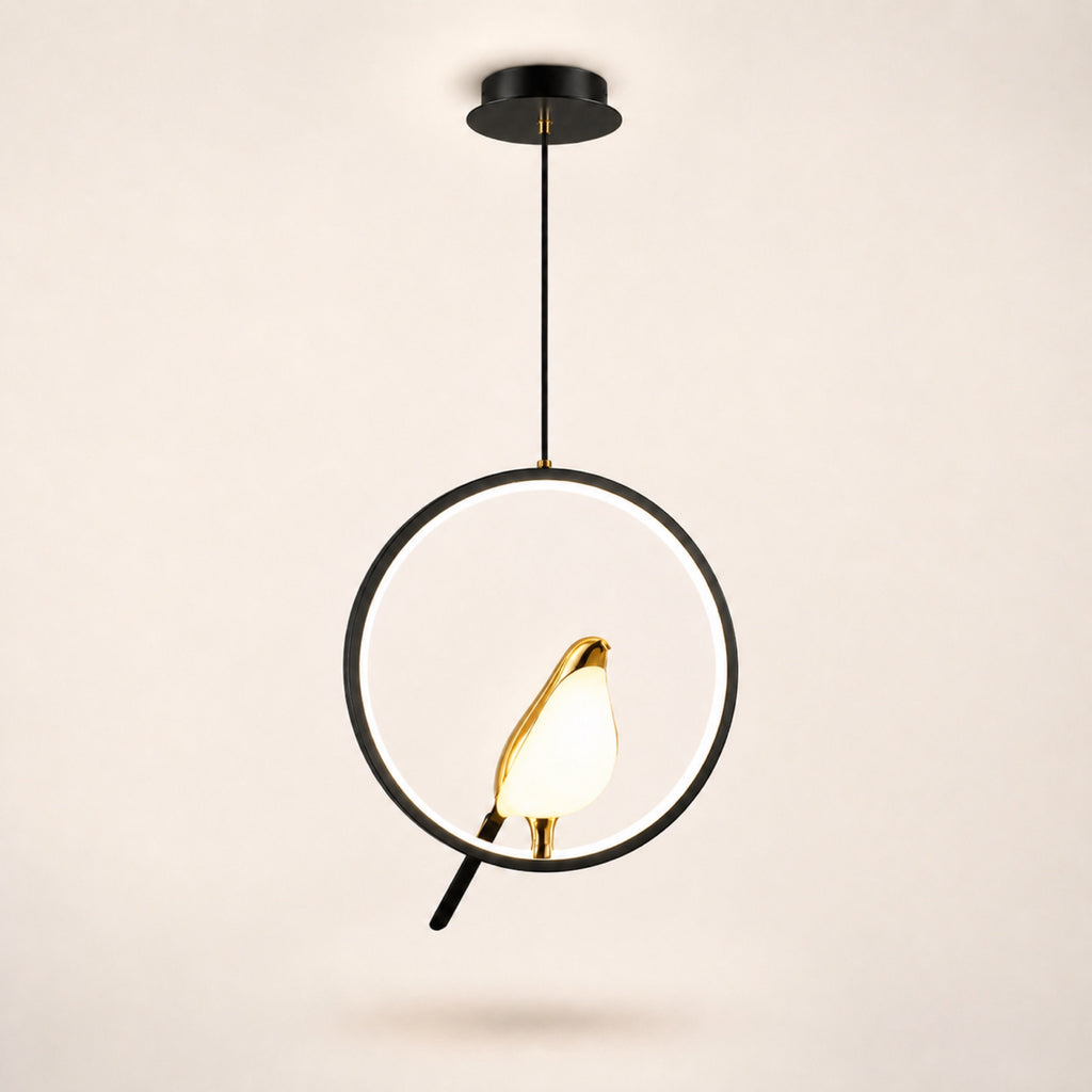 Suspension anneau LED et oiseau doré, noir et doré