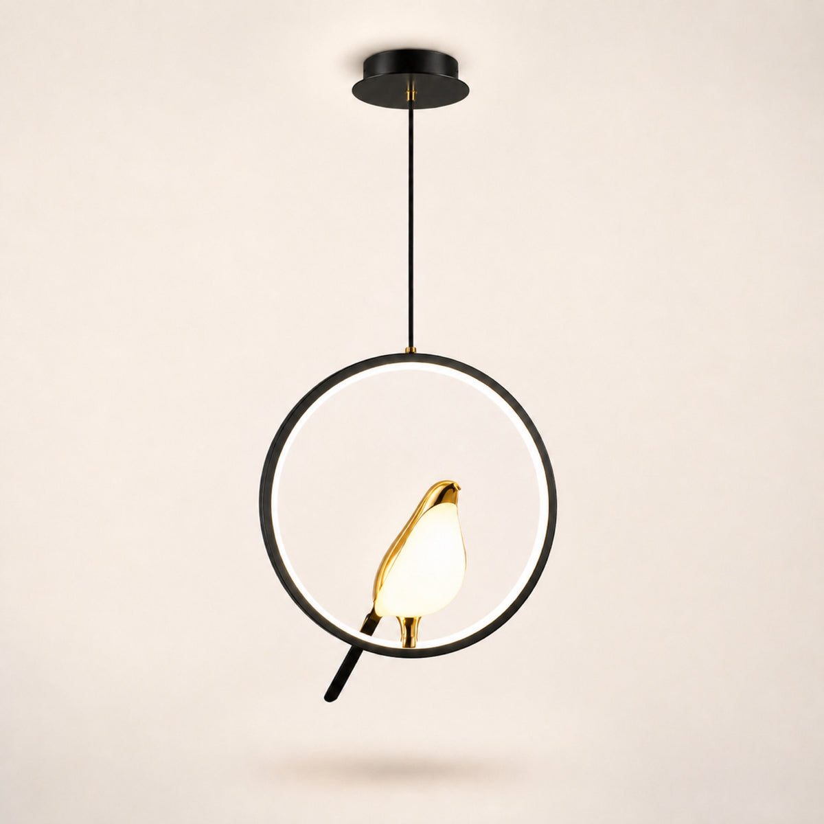 Suspension anneau LED et oiseau doré, noir et doré